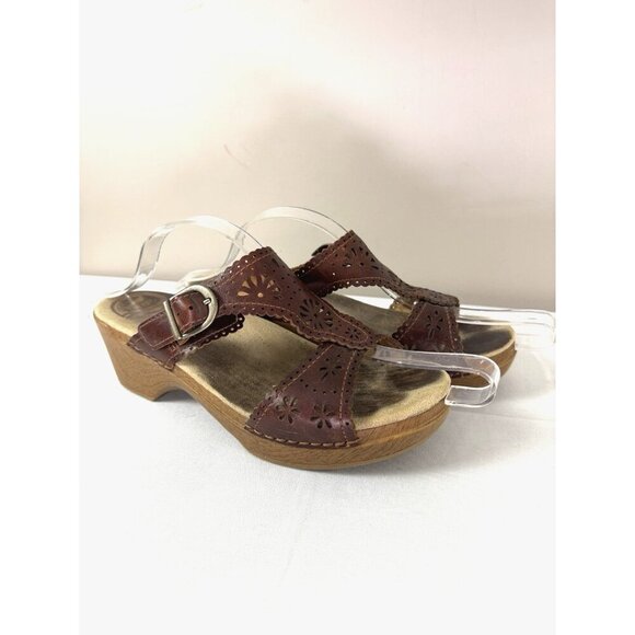 Dansko Sapphire Brown Leather Laser Cut Wedge 8.5 Sandals Comfort Boho Artisanal - Picture 3 of 16